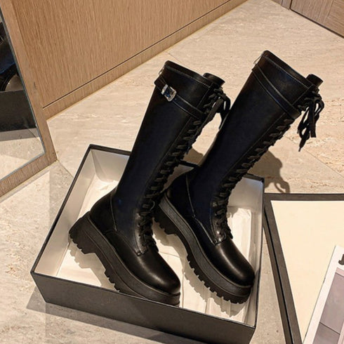 厚底 ロングブーツ レースアップ 韓国風 レディースローヒール ジョッキーブーツ 履きやすい バックジップ 美脚 歩きやすい ニーハイブーツ ボリューム感シューズ 3JIANLONG-058