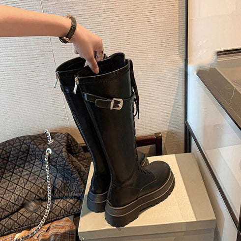 厚底 ロングブーツ レースアップ 韓国風 レディースローヒール ジョッキーブーツ 履きやすい バックジップ 美脚 歩きやすい ニーハイブーツ ボリューム感シューズ 3JIANLONG-058