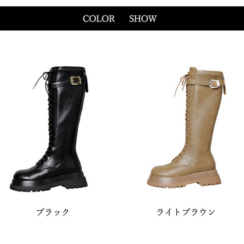 厚底 ロングブーツ レースアップ 韓国風 レディースローヒール ジョッキーブーツ 履きやすい バックジップ 美脚 歩きやすい ニーハイブーツ ボリューム感シューズ 3JIANLONG-058
