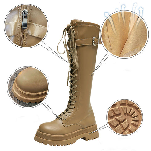 厚底 ロングブーツ レースアップ 韓国風 レディースローヒール ジョッキーブーツ 履きやすい バックジップ 美脚 歩きやすい ニーハイブーツ ボリューム感シューズ 3JIANLONG-058