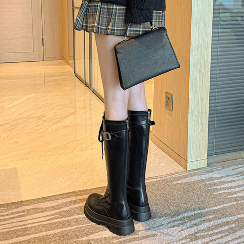 厚底 ロングブーツ レースアップ 韓国風 レディースローヒール ジョッキーブーツ 履きやすい バックジップ 美脚 歩きやすい ニーハイブーツ ボリューム感シューズ 3JIANLONG-058