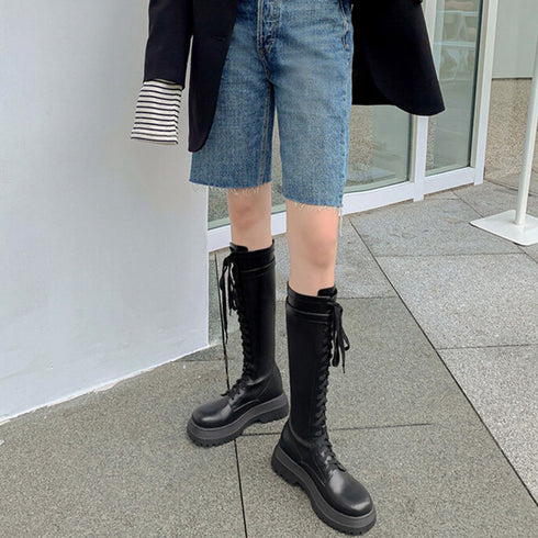 厚底 ロングブーツ レースアップ 韓国風 レディースローヒール ジョッキーブーツ 履きやすい バックジップ 美脚 歩きやすい ニーハイブーツ ボリューム感シューズ 3JIANLONG-058