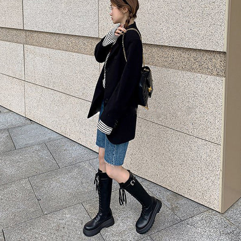 厚底 ロングブーツ レースアップ 韓国風 レディースローヒール ジョッキーブーツ 履きやすい バックジップ 美脚 歩きやすい ニーハイブーツ ボリューム感シューズ 3JIANLONG-058