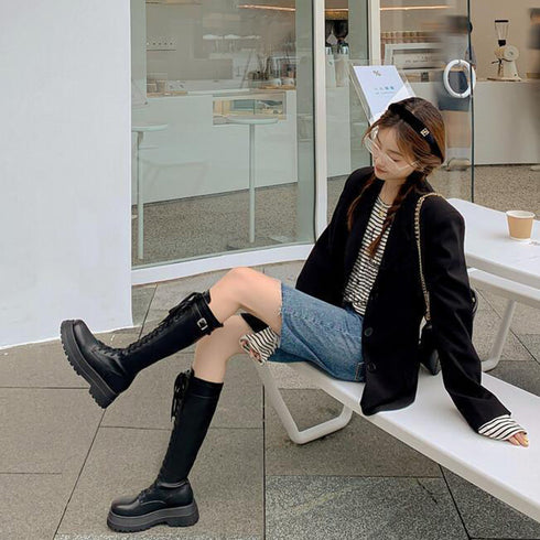 厚底 ロングブーツ レースアップ 韓国風 レディースローヒール ジョッキーブーツ 履きやすい バックジップ 美脚 歩きやすい ニーハイブーツ ボリューム感シューズ 3JIANLONG-058