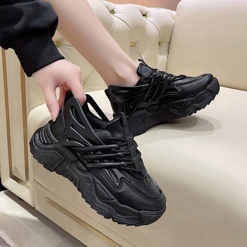ダッドスニーカー 厚底 レディース 韓国 ボリュームスニーカー 黒 レースアップ 歩きやすいシューズ インヒール 美脚脚長 フラットシューズ カジュアル厚底靴 3JIANLONG-059