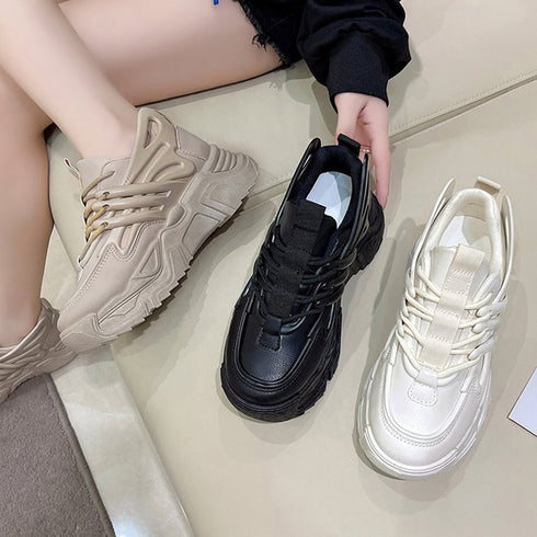 ダッドスニーカー 厚底 レディース 韓国 ボリュームスニーカー 黒 レースアップ 歩きやすいシューズ インヒール 美脚脚長 フラットシューズ カジュアル厚底靴 3JIANLONG-059