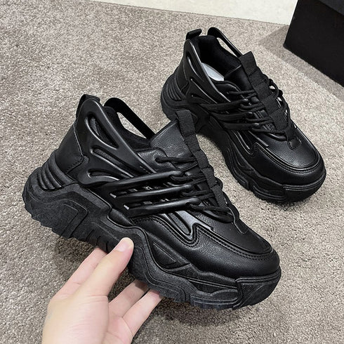 ダッドスニーカー 厚底 レディース 韓国 ボリュームスニーカー 黒 レースアップ 歩きやすいシューズ インヒール 美脚脚長 フラットシューズ カジュアル厚底靴 3JIANLONG-059