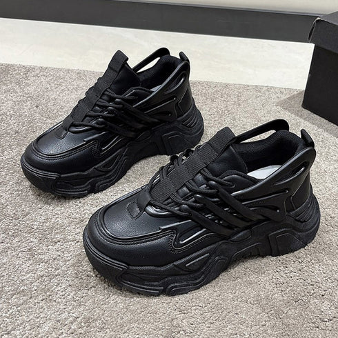 ダッドスニーカー 厚底 レディース 韓国 ボリュームスニーカー 黒 レースアップ 歩きやすいシューズ インヒール 美脚脚長 フラットシューズ カジュアル厚底靴 3JIANLONG-059