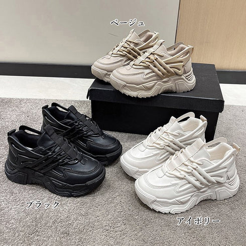 ダッドスニーカー 厚底 レディース 韓国 ボリュームスニーカー 黒 レースアップ 歩きやすいシューズ インヒール 美脚脚長 フラットシューズ カジュアル厚底靴 3JIANLONG-059