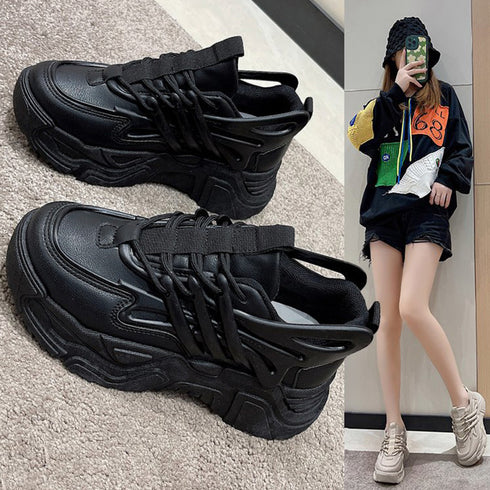 ダッドスニーカー 厚底 レディース 韓国 ボリュームスニーカー 黒 レースアップ 歩きやすいシューズ インヒール 美脚脚長 フラットシューズ カジュアル厚底靴 3JIANLONG-059