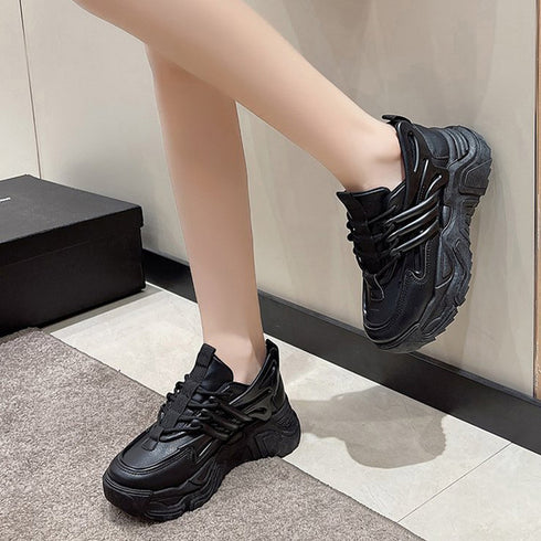 ダッドスニーカー 厚底 レディース 韓国 ボリュームスニーカー 黒 レースアップ 歩きやすいシューズ インヒール 美脚脚長 フラットシューズ カジュアル厚底靴 3JIANLONG-059