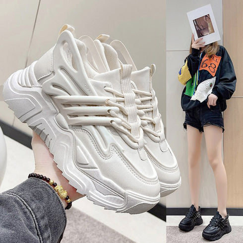 ダッドスニーカー 厚底 レディース 韓国 ボリュームスニーカー 黒 レースアップ 歩きやすいシューズ インヒール 美脚脚長 フラットシューズ カジュアル厚底靴 3JIANLONG-059