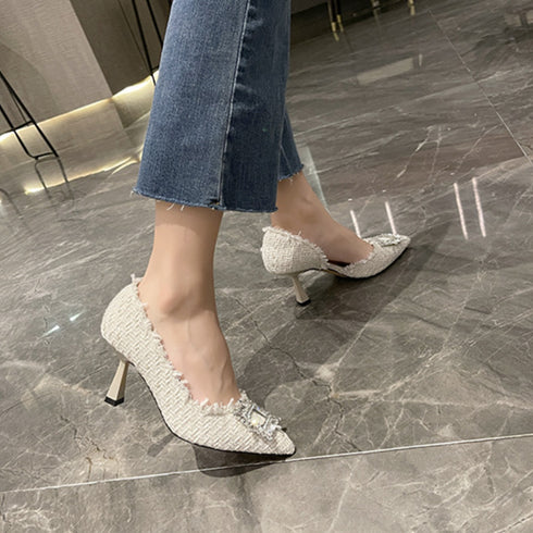 ツイードパンプス ポインテッドトゥ 華奢 ウェディング ハイヒールパンプス ラインストーン スクエアバックル ビジューピンヒールパンプス 痛くない 靴 歩きやすい 3JIANLONG-061
