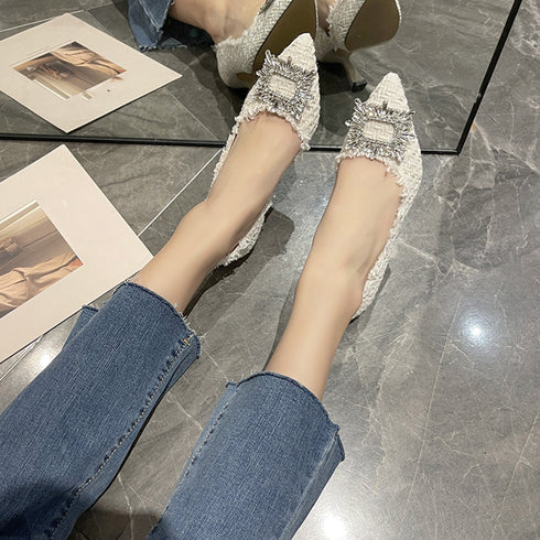 ツイードパンプス ポインテッドトゥ 華奢 ウェディング ハイヒールパンプス ラインストーン スクエアバックル ビジューピンヒールパンプス 痛くない 靴 歩きやすい 3JIANLONG-061