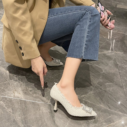 ツイードパンプス ポインテッドトゥ 華奢 ウェディング ハイヒールパンプス ラインストーン スクエアバックル ビジューピンヒールパンプス 痛くない 靴 歩きやすい 3JIANLONG-061