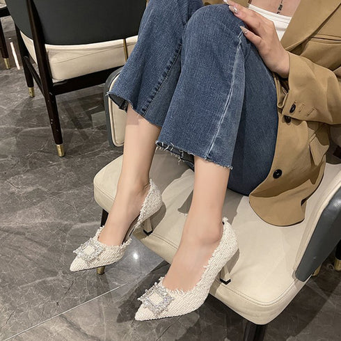 ツイードパンプス ポインテッドトゥ 華奢 ウェディング ハイヒールパンプス ラインストーン スクエアバックル ビジューピンヒールパンプス 痛くない 靴 歩きやすい 3JIANLONG-061