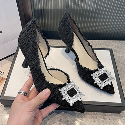 ツイードパンプス ポインテッドトゥ 華奢 ウェディング ハイヒールパンプス ラインストーン スクエアバックル ビジューピンヒールパンプス 痛くない 靴 歩きやすい 3JIANLONG-061