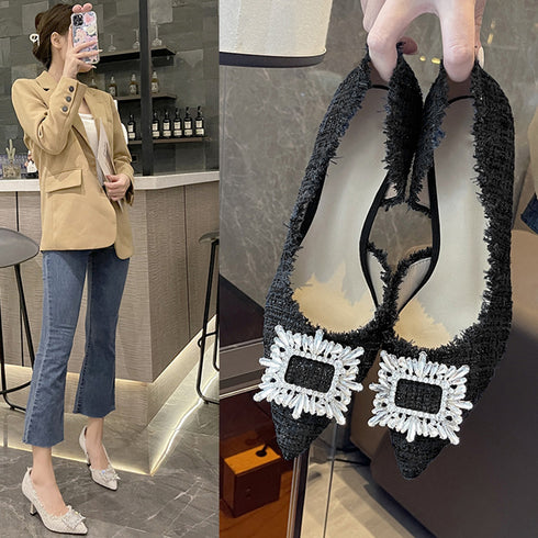 ツイードパンプス ポインテッドトゥ 華奢 ウェディング ハイヒールパンプス ラインストーン スクエアバックル ビジューピンヒールパンプス 痛くない 靴 歩きやすい 3JIANLONG-061