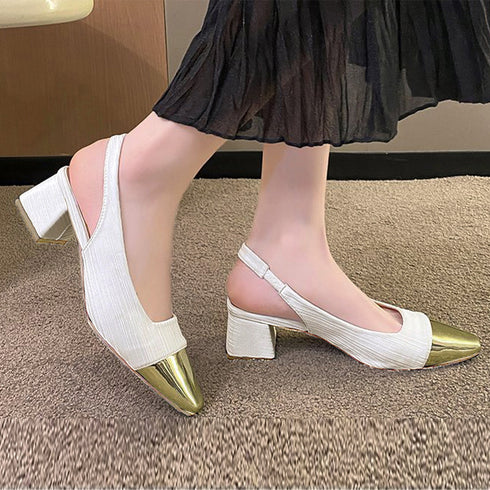 バックストラップ パンプス スクエアトゥ おしゃれ つま先切り替え チャンキーヒール パンプス オフィスカジュアル ミュールサンダル 履きやすい 通勤靴 レトロ風 3JIANLONG-063