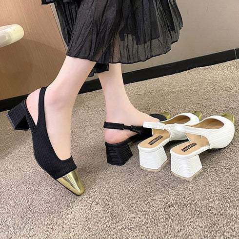 バックストラップ パンプス スクエアトゥ おしゃれ つま先切り替え チャンキーヒール パンプス オフィスカジュアル ミュールサンダル 履きやすい 通勤靴 レトロ風 3JIANLONG-063