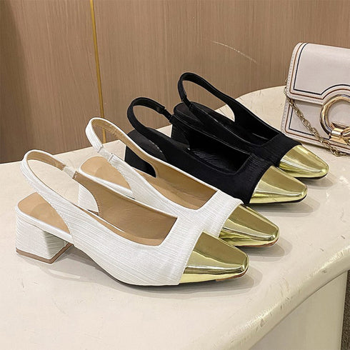 バックストラップ パンプス スクエアトゥ おしゃれ つま先切り替え チャンキーヒール パンプス オフィスカジュアル ミュールサンダル 履きやすい 通勤靴 レトロ風 3JIANLONG-063