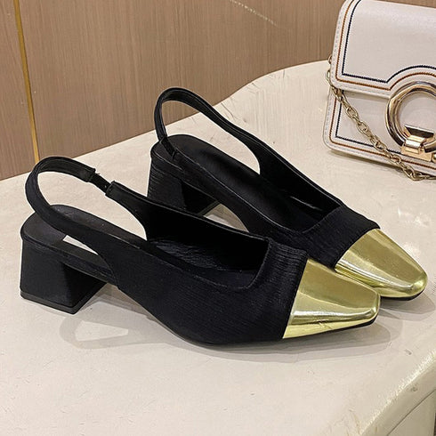 バックストラップ パンプス スクエアトゥ おしゃれ つま先切り替え チャンキーヒール パンプス オフィスカジュアル ミュールサンダル 履きやすい 通勤靴 レトロ風 3JIANLONG-063