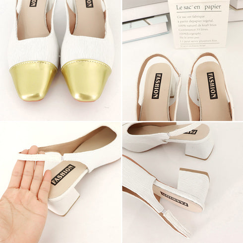 バックストラップ パンプス スクエアトゥ おしゃれ つま先切り替え チャンキーヒール パンプス オフィスカジュアル ミュールサンダル 履きやすい 通勤靴 レトロ風 3JIANLONG-063