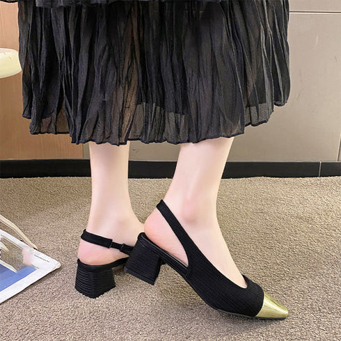 バックストラップ パンプス スクエアトゥ おしゃれ つま先切り替え チャンキーヒール パンプス オフィスカジュアル ミュールサンダル 履きやすい 通勤靴 レトロ風 3JIANLONG-063