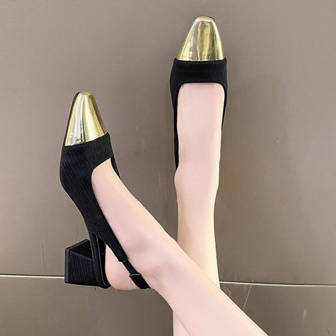バックストラップ パンプス スクエアトゥ おしゃれ つま先切り替え チャンキーヒール パンプス オフィスカジュアル ミュールサンダル 履きやすい 通勤靴 レトロ風 3JIANLONG-063