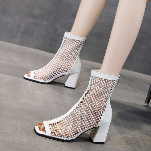 メッシュ ブーツサンダル 夏 太めヒール オープントゥ サマーブーツ レディース バックジッパー ハイヒール夏ブーツ 歩きやすい 通気性 美脚脚長 おしゃれ 夏靴 3JIANLONG-069