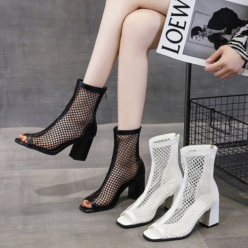 メッシュ ブーツサンダル 夏 太めヒール オープントゥ サマーブーツ レディース バックジッパー ハイヒール夏ブーツ 歩きやすい 通気性 美脚脚長 おしゃれ 夏靴 3JIANLONG-069