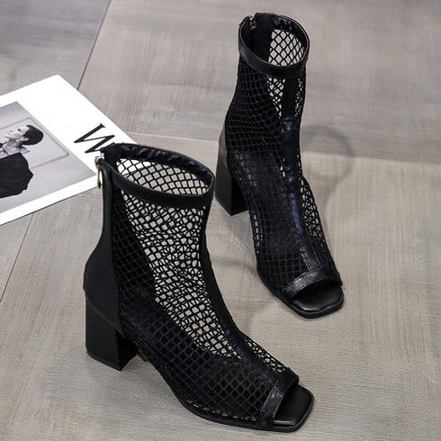 メッシュ ブーツサンダル 夏 太めヒール オープントゥ サマーブーツ レディース バックジッパー ハイヒール夏ブーツ 歩きやすい 通気性 美脚脚長 おしゃれ 夏靴 3JIANLONG-069