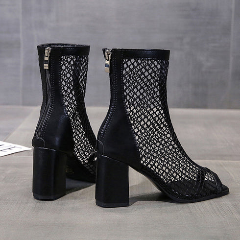 メッシュ ブーツサンダル 夏 太めヒール オープントゥ サマーブーツ レディース バックジッパー ハイヒール夏ブーツ 歩きやすい 通気性 美脚脚長 おしゃれ 夏靴 3JIANLONG-069