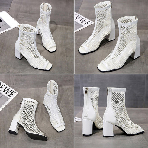 メッシュ ブーツサンダル 夏 太めヒール オープントゥ サマーブーツ レディース バックジッパー ハイヒール夏ブーツ 歩きやすい 通気性 美脚脚長 おしゃれ 夏靴 3JIANLONG-069