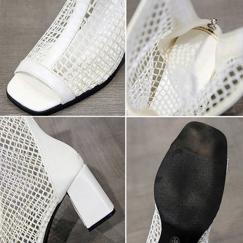 メッシュ ブーツサンダル 夏 太めヒール オープントゥ サマーブーツ レディース バックジッパー ハイヒール夏ブーツ 歩きやすい 通気性 美脚脚長 おしゃれ 夏靴 3JIANLONG-069