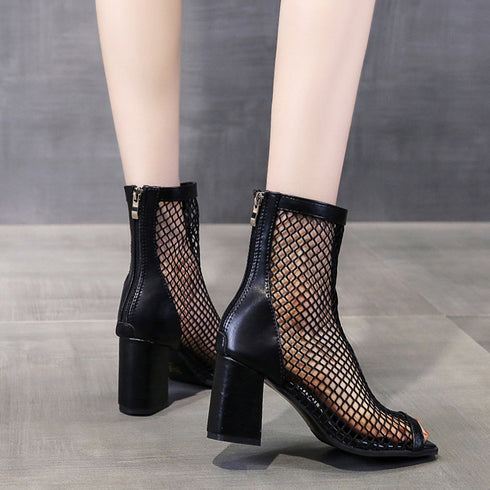 メッシュ ブーツサンダル 夏 太めヒール オープントゥ サマーブーツ レディース バックジッパー ハイヒール夏ブーツ 歩きやすい 通気性 美脚脚長 おしゃれ 夏靴 3JIANLONG-069