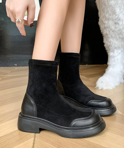 ショートブーツ スエード調 ミドルブーツ レトロ 厚底ブーツ ラウンドトゥ 美脚 ブーティ レディース 秋冬 ストレッチブーツ 韓国 歩きやすい 秋冬靴ローヒール 3JIANLONG-074