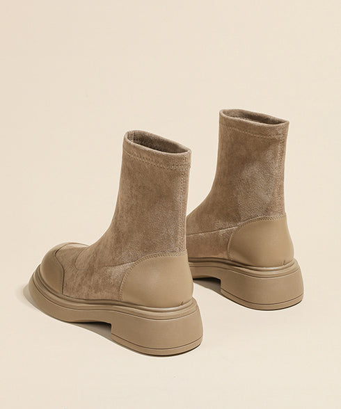 ショートブーツ スエード調 ミドルブーツ レトロ 厚底ブーツ ラウンドトゥ 美脚 ブーティ レディース 秋冬 ストレッチブーツ 韓国 歩きやすい 秋冬靴ローヒール 3JIANLONG-074