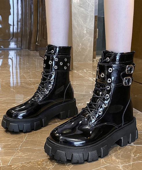 厚底ショートブーツ 黒ストームブーツ美脚 レディース かっこいい エンジニアブーツ バックファスナー ワークブーツ 歩きやすいミリタリーブーツ レースアップ靴脚長 3JIANLONG-075
