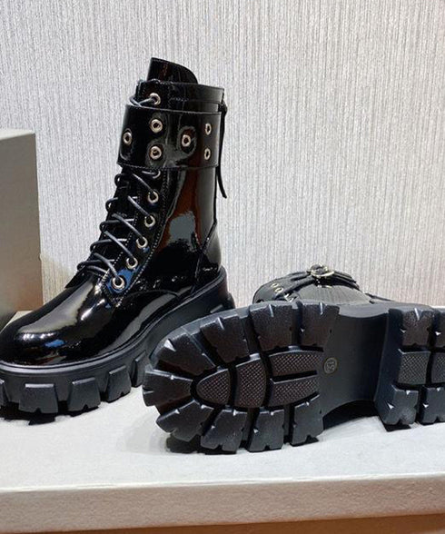 厚底ショートブーツ 黒ストームブーツ美脚 レディース かっこいい エンジニアブーツ バックファスナー ワークブーツ 歩きやすいミリタリーブーツ レースアップ靴脚長 3JIANLONG-075