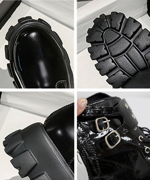 厚底ショートブーツ 黒ストームブーツ美脚 レディース かっこいい エンジニアブーツ バックファスナー ワークブーツ 歩きやすいミリタリーブーツ レースアップ靴脚長 3JIANLONG-075