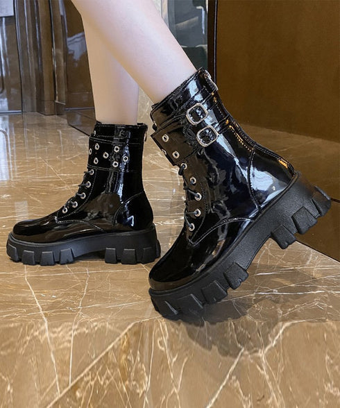 厚底ショートブーツ 黒ストームブーツ美脚 レディース かっこいい エンジニアブーツ バックファスナー ワークブーツ 歩きやすいミリタリーブーツ レースアップ靴脚長 3JIANLONG-075