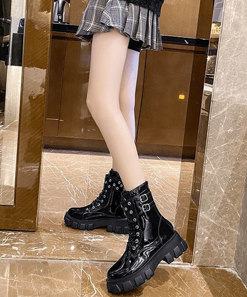 厚底ショートブーツ 黒ストームブーツ美脚 レディース かっこいい エンジニアブーツ バックファスナー ワークブーツ 歩きやすいミリタリーブーツ レースアップ靴脚長 3JIANLONG-075