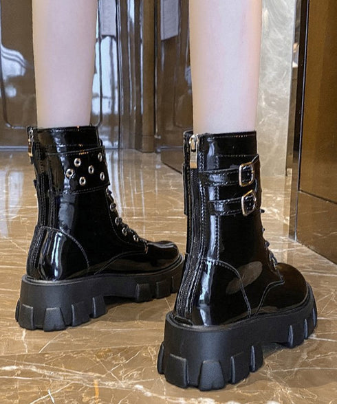 厚底ショートブーツ 黒ストームブーツ美脚 レディース かっこいい エンジニアブーツ バックファスナー ワークブーツ 歩きやすいミリタリーブーツ レースアップ靴脚長 3JIANLONG-075