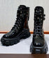 厚底ショートブーツ 黒ストームブーツ美脚 レディース かっこいい エンジニアブーツ バックファスナー ワークブーツ 歩きやすいミリタリーブーツ レースアップ靴脚長 3JIANLONG-075