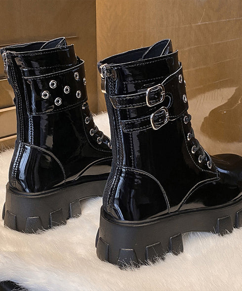 厚底ショートブーツ 黒ストームブーツ美脚 レディース かっこいい エンジニアブーツ バックファスナー ワークブーツ 歩きやすいミリタリーブーツ レースアップ靴脚長 3JIANLONG-075