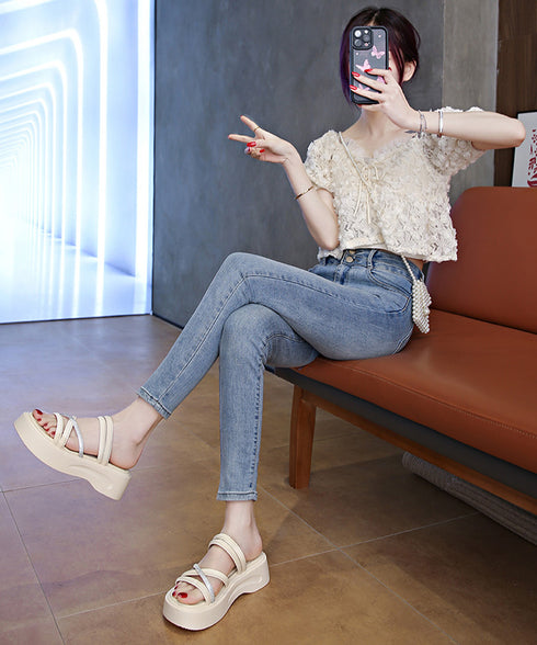 厚底サンダル クロスストラップ夏靴 軽量 キラキララインストーンサンダル レディース 歩きやすい韓国風プラットフォームサンダル おしゃれ 疲れないシューズ美脚脚長 3JIANLONG-080