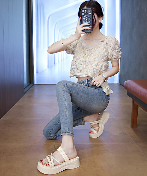 厚底サンダル クロスストラップ夏靴 軽量 キラキララインストーンサンダル レディース 歩きやすい韓国風プラットフォームサンダル おしゃれ 疲れないシューズ美脚脚長 3JIANLONG-080