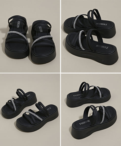 厚底サンダル クロスストラップ夏靴 軽量 キラキララインストーンサンダル レディース 歩きやすい韓国風プラットフォームサンダル おしゃれ 疲れないシューズ美脚脚長 3JIANLONG-080