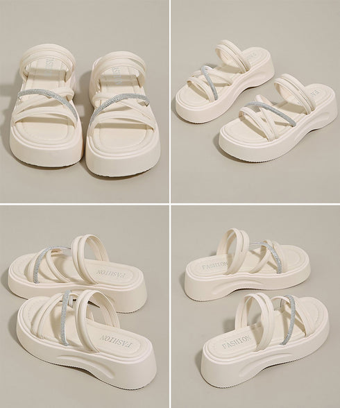 厚底サンダル クロスストラップ夏靴 軽量 キラキララインストーンサンダル レディース 歩きやすい韓国風プラットフォームサンダル おしゃれ 疲れないシューズ美脚脚長 3JIANLONG-080